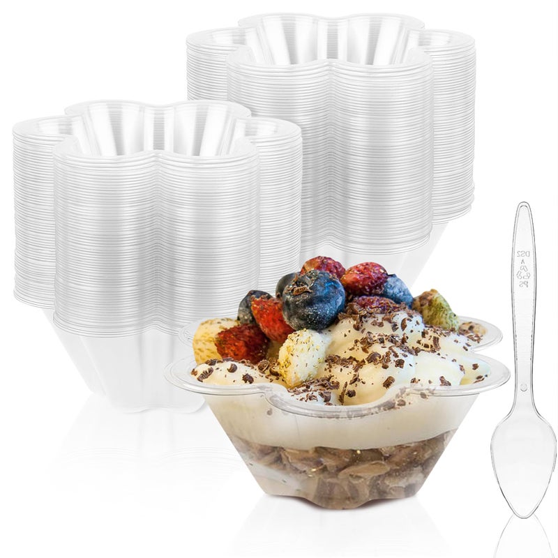 TOFLEN 8 oz Dessert Cups with Spoons 100 Pack Clear Plastic Small Party Serving Bowls for Sundae Parfait Fruit Strawberry Shortcake Disposable Snack Bowls Flower Shape
