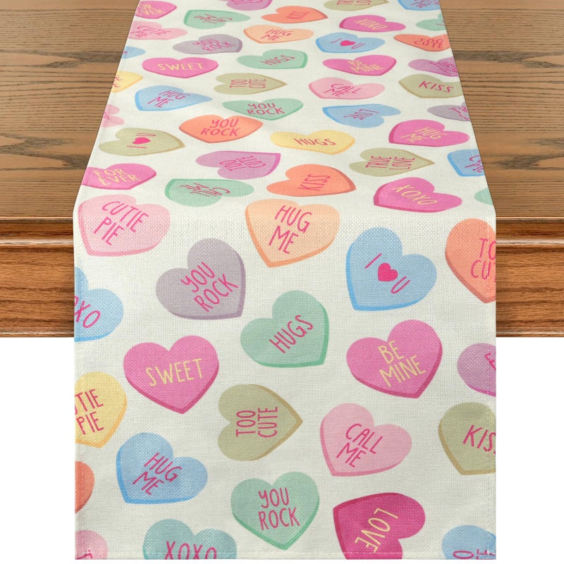 Pascliyna Valentines Day Table Runner 13x72 Inches, Pastel Love Heart Printed Table Decor, Valentines Table Runner Decorations for Holiday Anniversary Kitchen Dining Room Indoor Home Party Table Supplies - Image 1