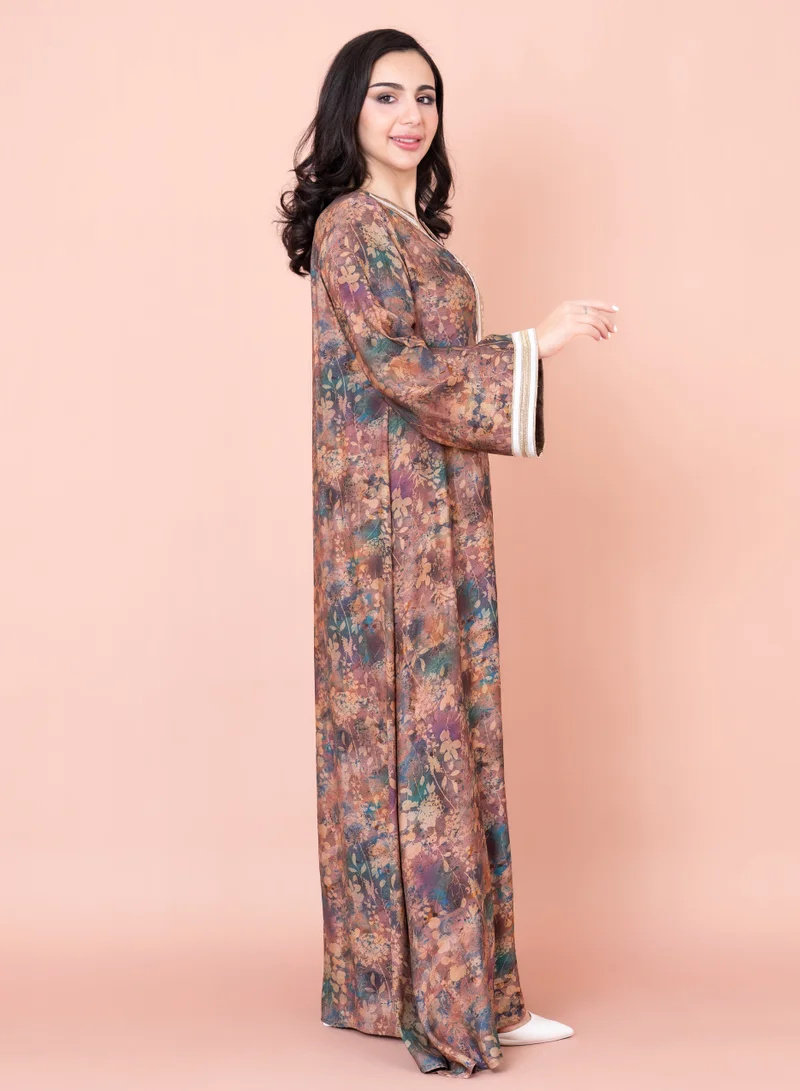 IKKXA Embroidered Floral Print Jalabiya IK1028 Brown