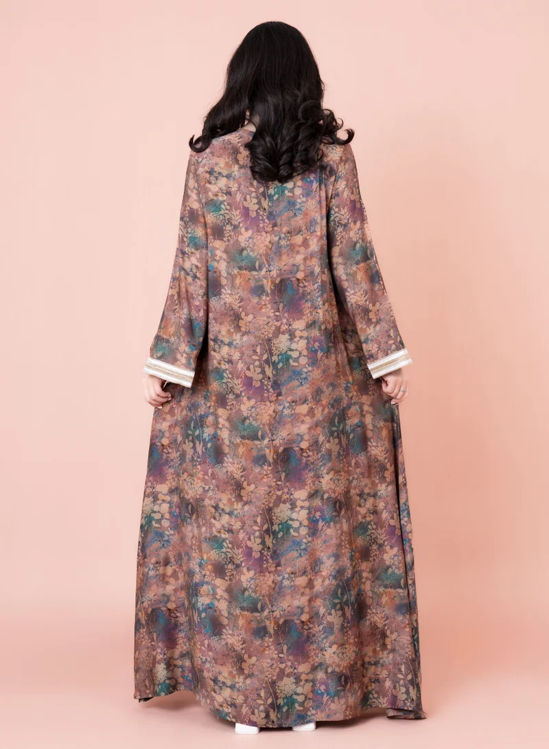 IKKXA Embroidered Floral Print Jalabiya IK1028 Brown
