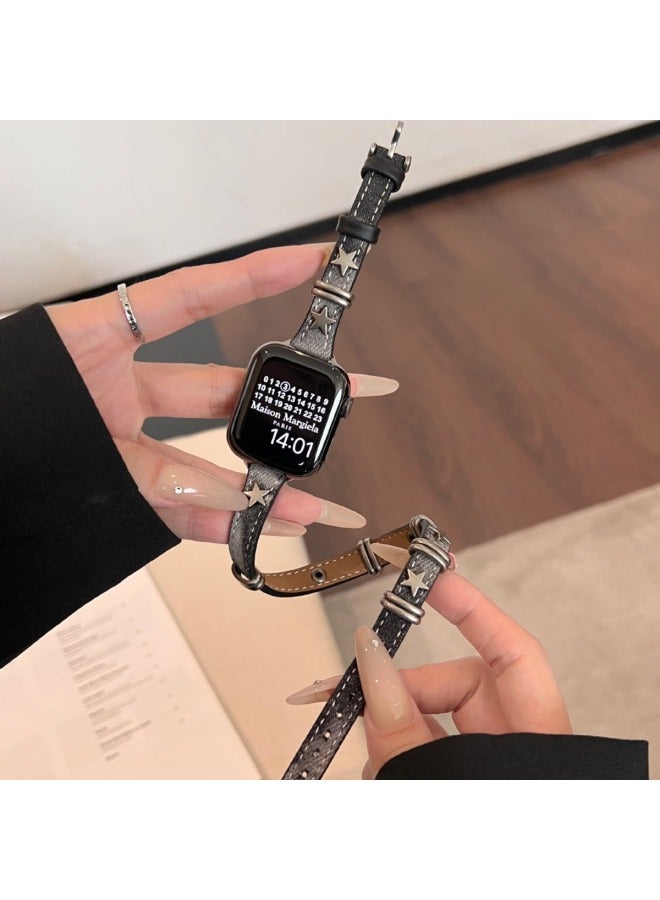 Loquat Tie-dyed Washed Denim Five-pointed Star Strap For Applewatch For Apple Watch Iwatch98 Generation 765-Colour:Black (long Style)-Specification:42/44/45/49 - Image 4