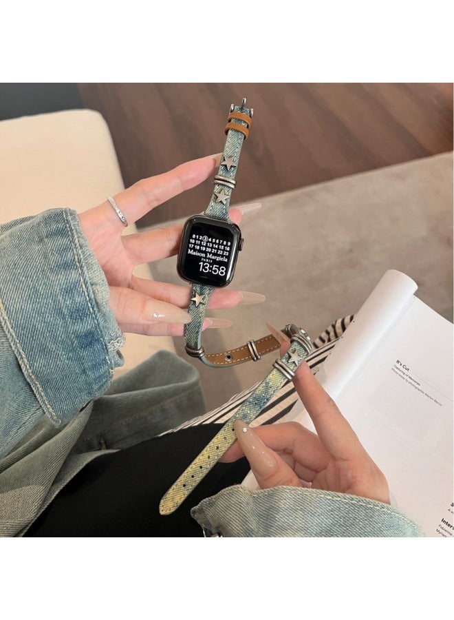Loquat Tie-dyed Washed Denim Five-pointed Star Strap For Applewatch For Apple Watch Iwatch98 Generation 765-Colour:Black (long Style)-Specification:42/44/45/49 - Image 5