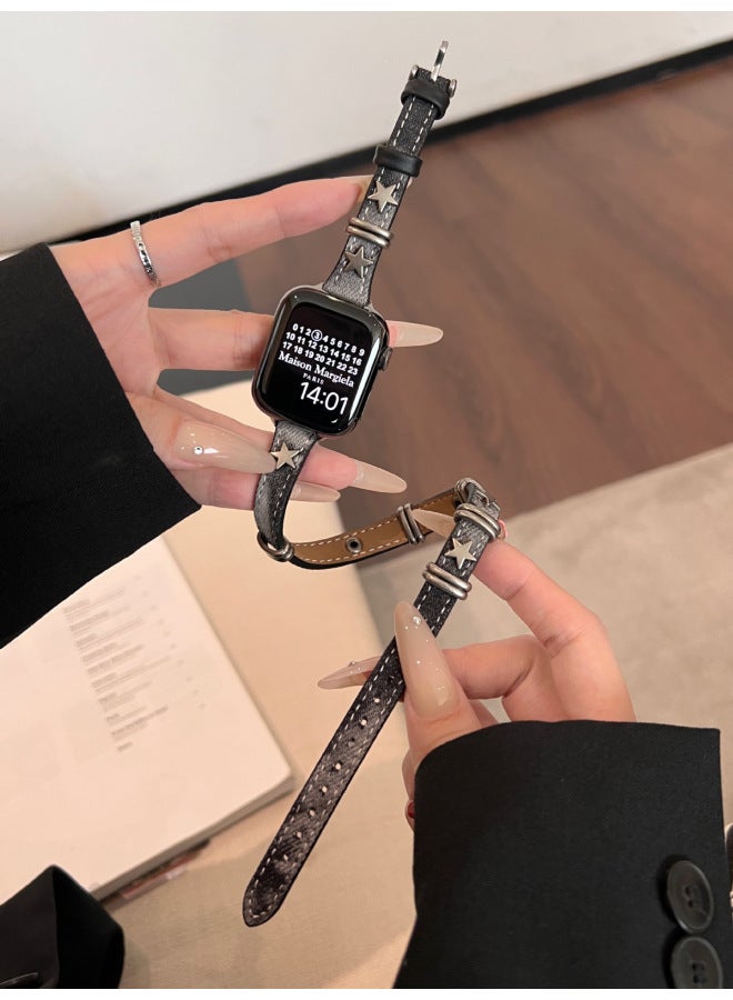 Loquat Tie-dyed Washed Denim Five-pointed Star Strap For Applewatch For Apple Watch Iwatch98 Generation 765-Colour:Black (long Style)-Specification:42/44/45/49 - Image 1