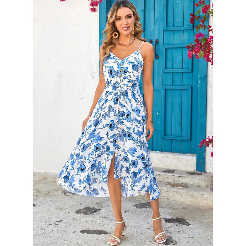 BROVAVE Women's 2026 Summer Casual Boho Sundress Polka Dot Spaghetti Strap V Neck Flowy Midi Dresses(008 White Blue Floral, Medium) - Image 2