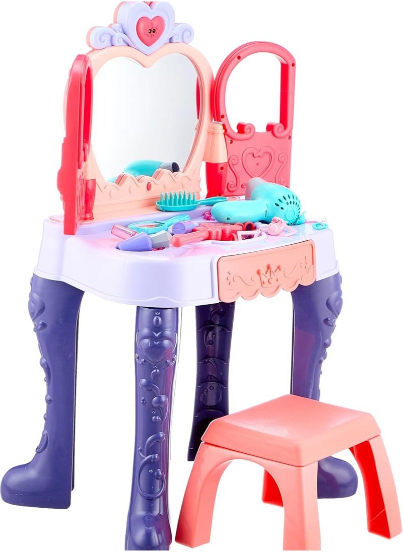 Dream Mirror Kids Vanity Table Set with Light, Music, Hair Dryer, 28 Pieces, Princess Style Makeup Dressing Table with Stool  - Image 1