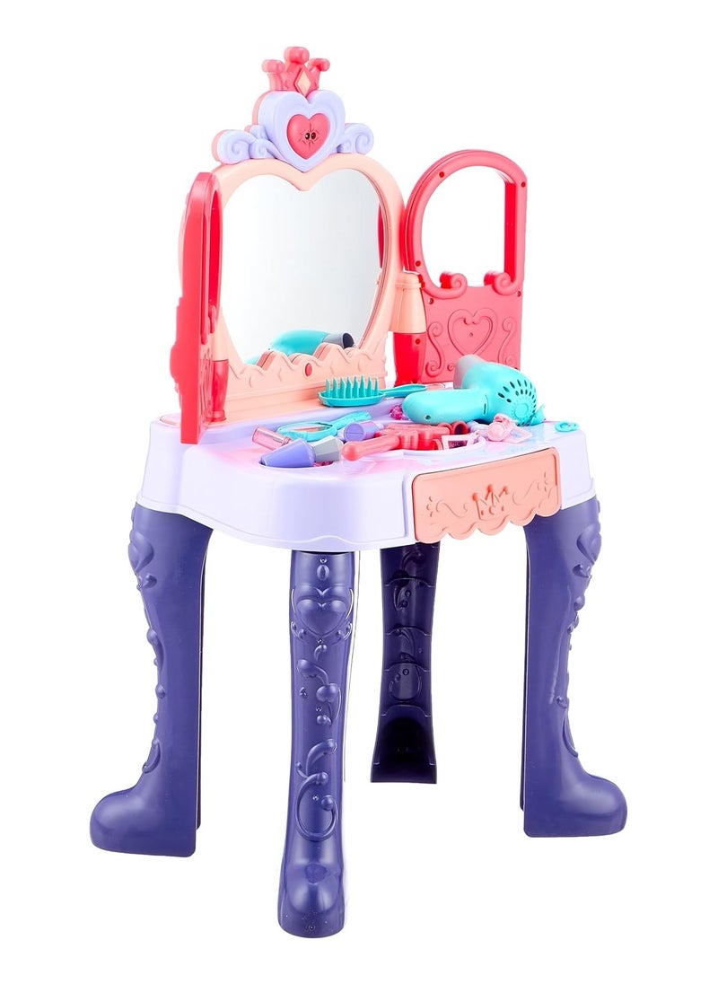 Dream Mirror Kids Vanity Table Set with Light, Music, Hair Dryer, 28 Pieces, Princess Style Makeup Dressing Table with Stool  - Image 2