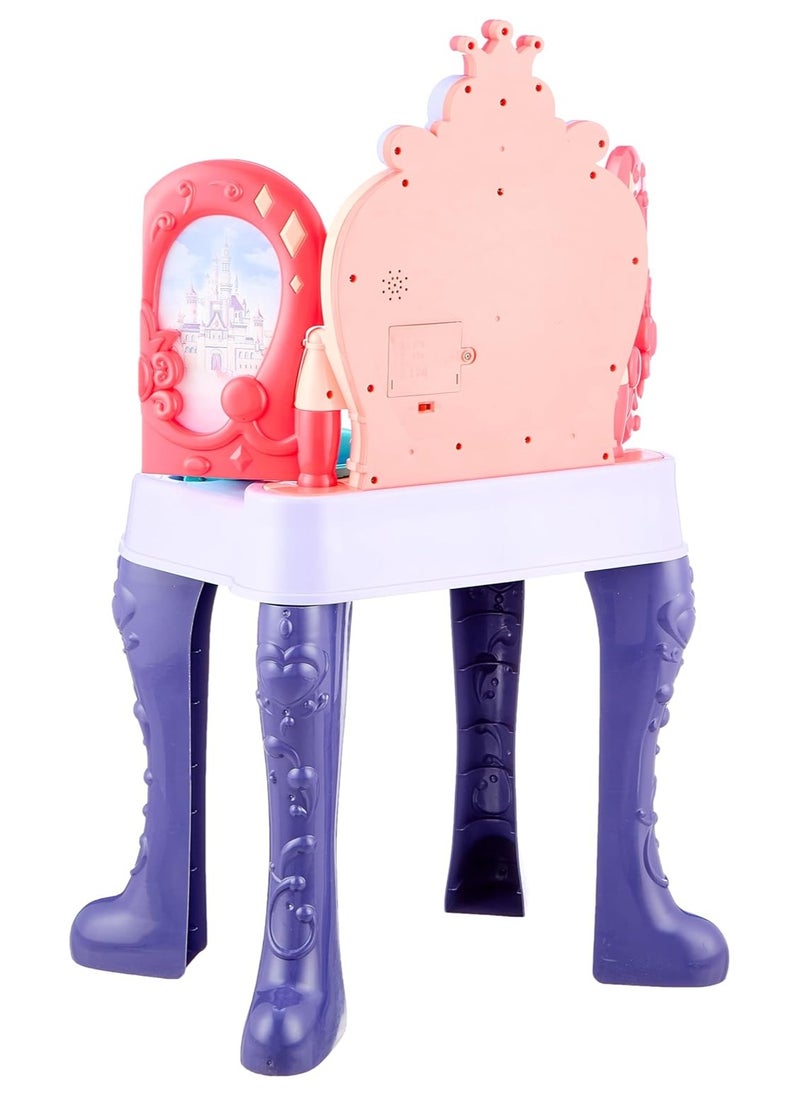 Dream Mirror Kids Vanity Table Set with Light, Music, Hair Dryer, 28 Pieces, Princess Style Makeup Dressing Table with Stool  - Image 3