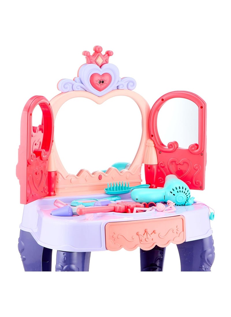Dream Mirror Kids Vanity Table Set with Light, Music, Hair Dryer, 28 Pieces, Princess Style Makeup Dressing Table with Stool  - Image 5