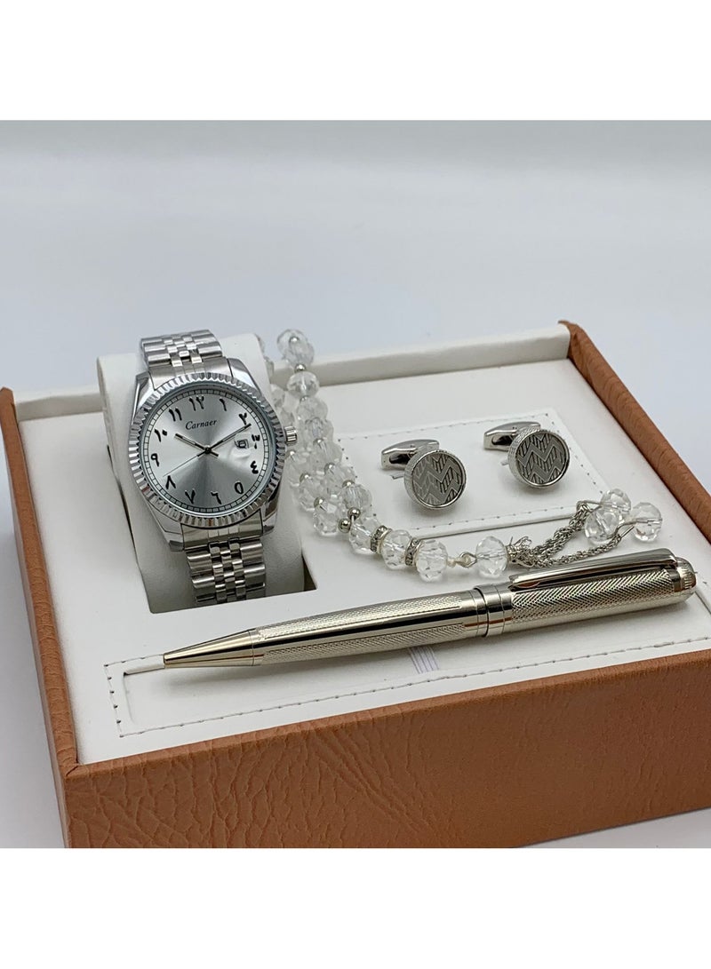 Men's set from Carnaer, consisting of fuor pieces: a watch, a pen, cufflinks, and a rosary.