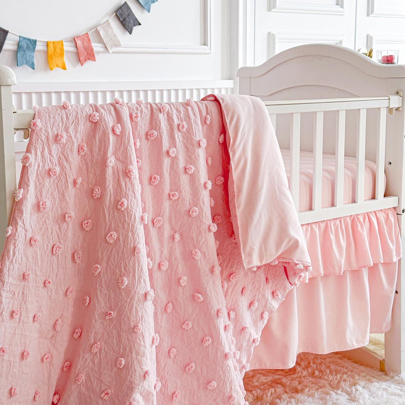 Uozzi Bedding Pink Crib Bedding Set Tufted Dots Jacquard Baby Girls Comforter with Fitted Sheet and Bed Skirt - Cute Embroidery Boho Shabby Chic Soft Blanket Pom Pom Tufts 3pc Crib Bed Set - Image 5