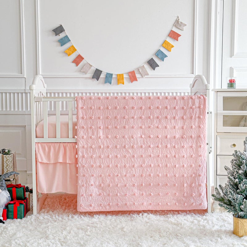 Uozzi Bedding Pink Crib Bedding Set Tufted Dots Jacquard Baby Girls Comforter with Fitted Sheet and Bed Skirt - Cute Embroidery Boho Shabby Chic Soft Blanket Pom Pom Tufts 3pc Crib Bed Set - Image 1