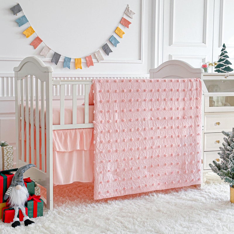Uozzi Bedding Pink Crib Bedding Set Tufted Dots Jacquard Baby Girls Comforter with Fitted Sheet and Bed Skirt - Cute Embroidery Boho Shabby Chic Soft Blanket Pom Pom Tufts 3pc Crib Bed Set - Image 3