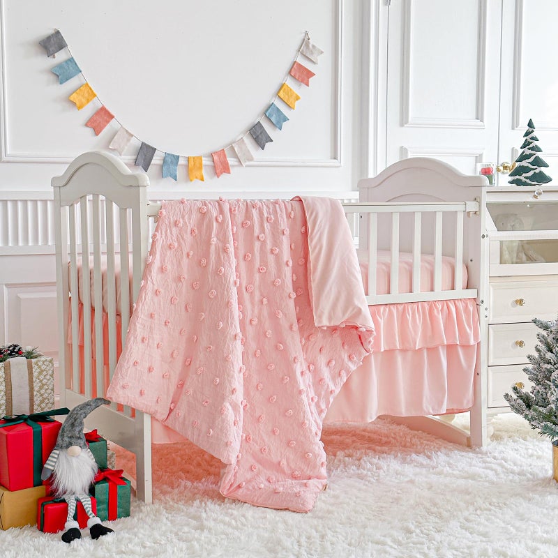 Uozzi Bedding Pink Crib Bedding Set Tufted Dots Jacquard Baby Girls Comforter with Fitted Sheet and Bed Skirt - Cute Embroidery Boho Shabby Chic Soft Blanket Pom Pom Tufts 3pc Crib Bed Set - Image 2