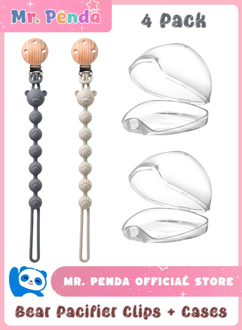 Mr. Penda Silicone Bear Shaped Pacifier Clips with Clear Protective Boxes, BPA Free Pacifier Holder Clip for Baby Boys and Girls, Shower, Newborn Gift (Grey, White) - Image 1