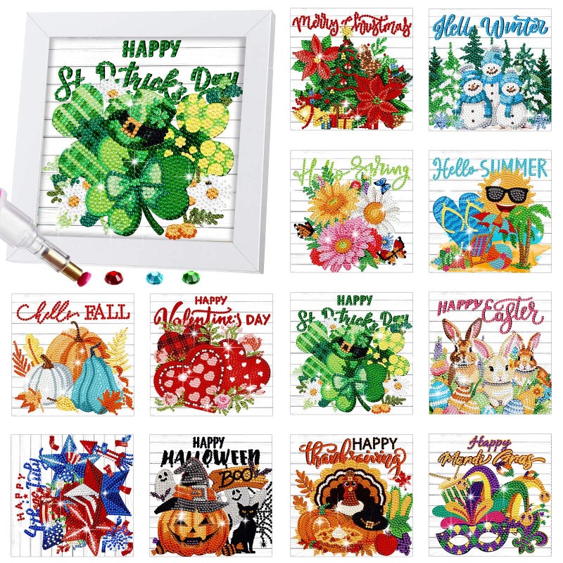 Trandraft 13 Pcs Interchangeable Holiday Small Diamond Art Kits for Adults 5D Seasonal Diamond Painting Calendar 2026 with Frame for Holiday Table Decor Art Craft Gift(Lively Style) - Image 1