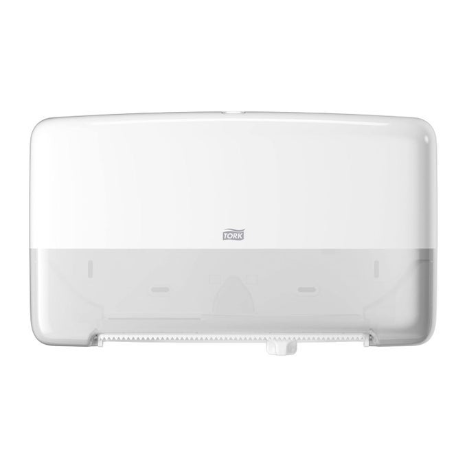 TWIN MINI JUMBO TOILET PAPER ROLL DISPENSER WHITE T2 PROTECTS ROLLS ELEVATION RANGE 5555200