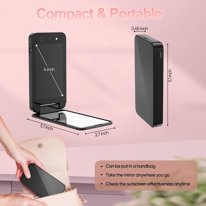 Vanexiss UV Camera for Sunscreen Test UV Mirror Sunscreen Camera, 4 Inch Vanity Mirror Rechargeable Compact Travel Makeup Mirror Handheld Double-Sided Pocket Mirror for Skin Protection(Dark Black) - Image 5