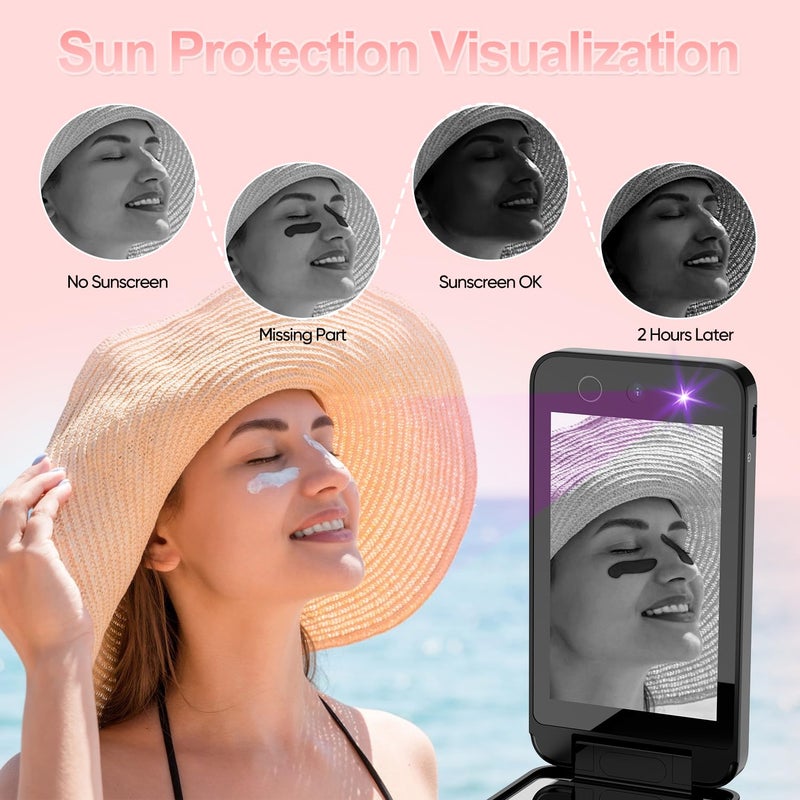 Vanexiss UV Camera for Sunscreen Test UV Mirror Sunscreen Camera, 4 Inch Vanity Mirror Rechargeable Compact Travel Makeup Mirror Handheld Double-Sided Pocket Mirror for Skin Protection(Dark Black) - Image 3