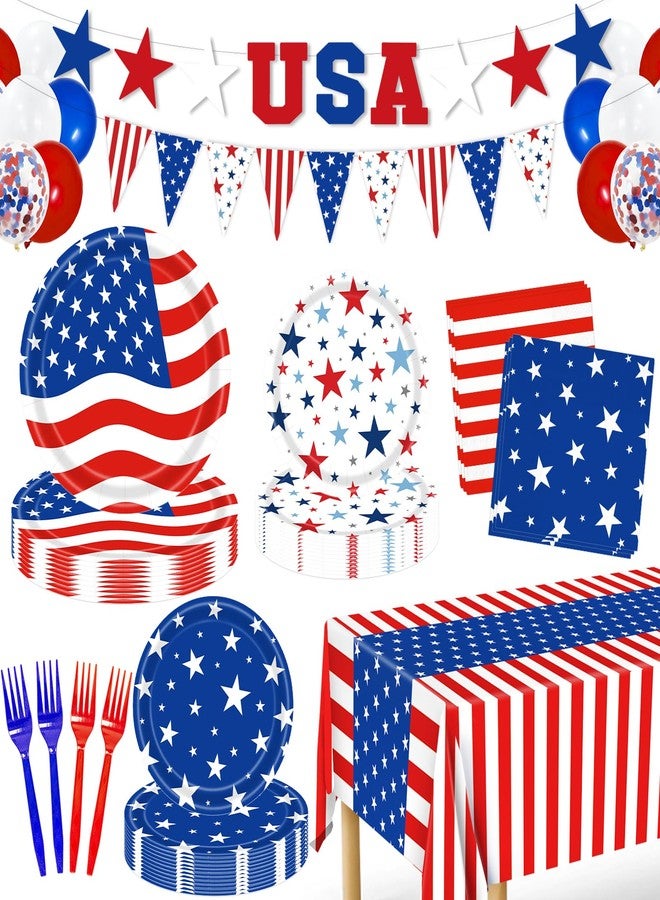 REDWORD 4th of July Decorations, 119PCs Fourth of July Party Supplies-Serves 24 with 250th Independence Day Plates and Napkins Tablecloth and USA Banner Forks Balloons for Patriotic Party Decorations - Image 1