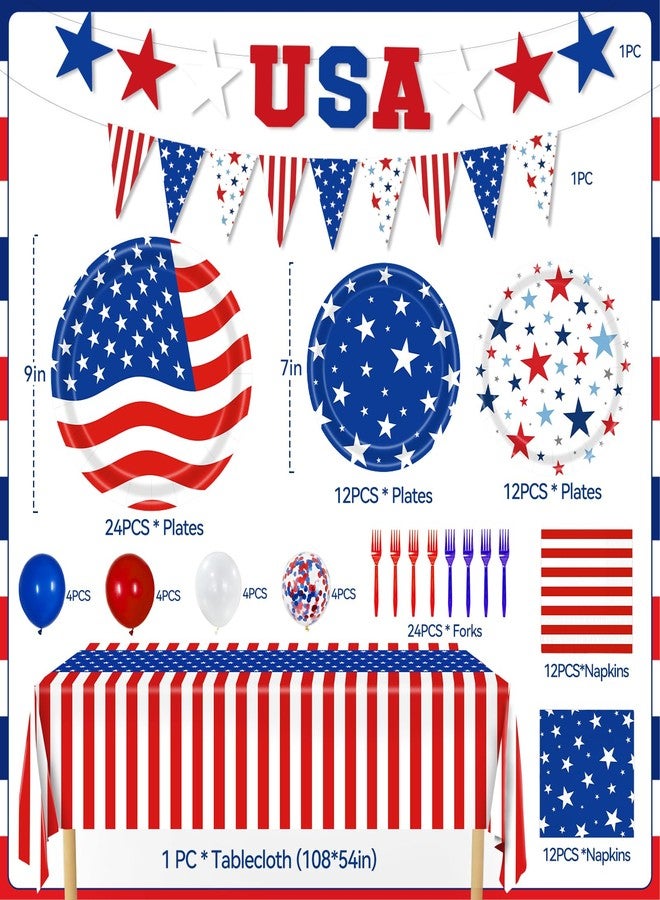 REDWORD 4th of July Decorations, 119PCs Fourth of July Party Supplies-Serves 24 with 250th Independence Day Plates and Napkins Tablecloth and USA Banner Forks Balloons for Patriotic Party Decorations - Image 2
