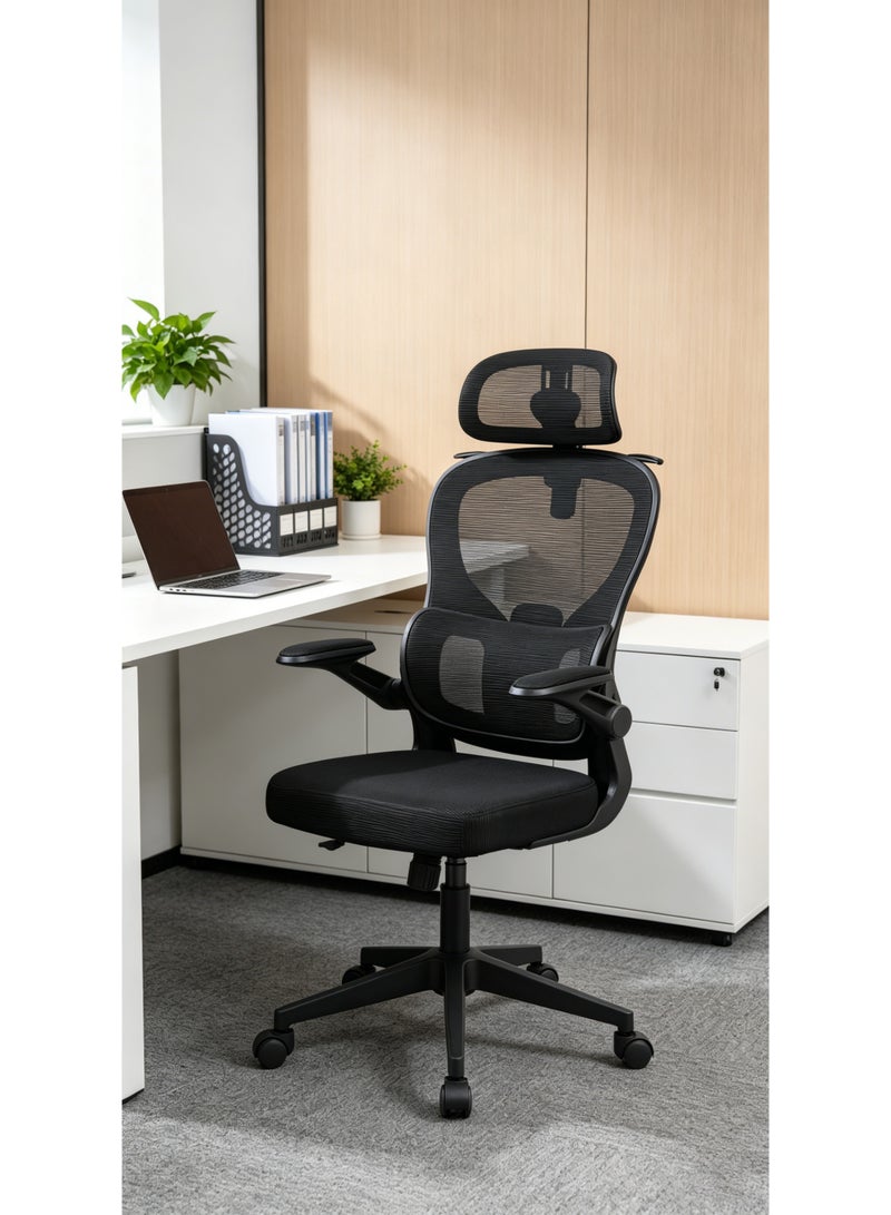 Chulovs Black Mesh Ergonomic Office Chair with 3D Headrest, Flip-Up Armrests and Adjustable Lumbar Support, Heavy Duty 350 lbs Capacity, Ideal for Home & Office Use – Black - Image 1