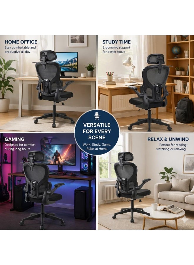 Chulovs Black Mesh Ergonomic Office Chair with 3D Headrest, Flip-Up Armrests and Adjustable Lumbar Support, Heavy Duty 350 lbs Capacity, Ideal for Home & Office Use – Black - Image 5