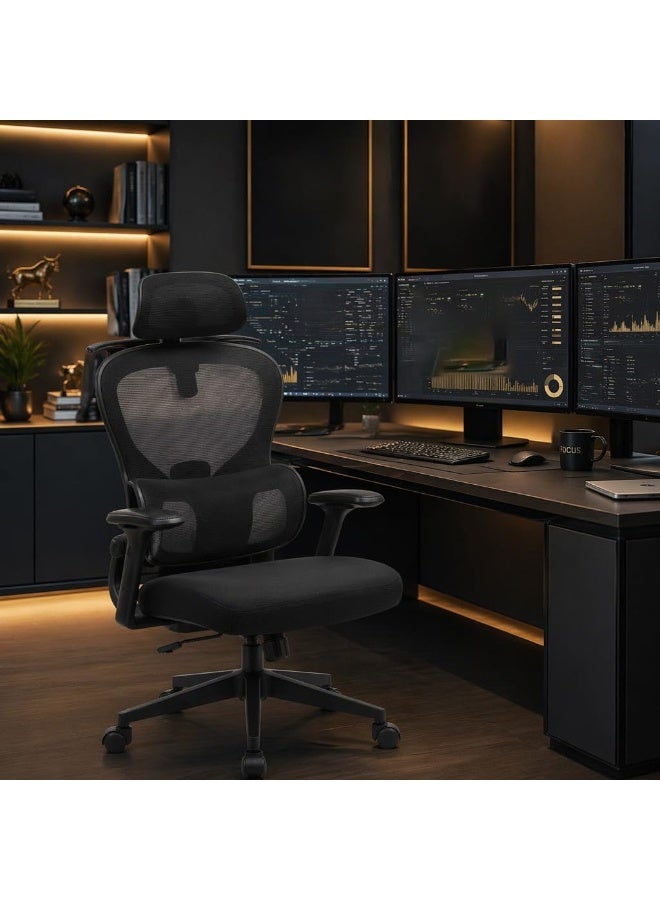 Chulovs Black Mesh Ergonomic Office Chair with 3D Headrest, Flip-Up Armrests and Adjustable Lumbar Support, Heavy Duty 350 lbs Capacity, Ideal for Home & Office Use – Black - Image 2