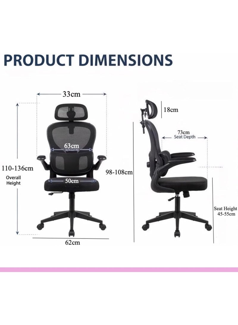 Chulovs Black Mesh Ergonomic Office Chair with 3D Headrest, Flip-Up Armrests and Adjustable Lumbar Support, Heavy Duty 350 lbs Capacity, Ideal for Home & Office Use – Black - Image 3