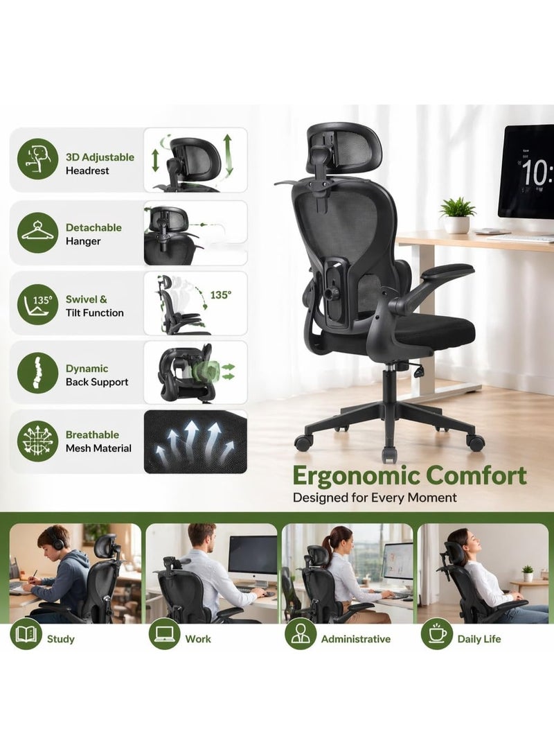 Chulovs Black Mesh Ergonomic Office Chair with 3D Headrest, Flip-Up Armrests and Adjustable Lumbar Support, Heavy Duty 350 lbs Capacity, Ideal for Home & Office Use – Black - Image 4