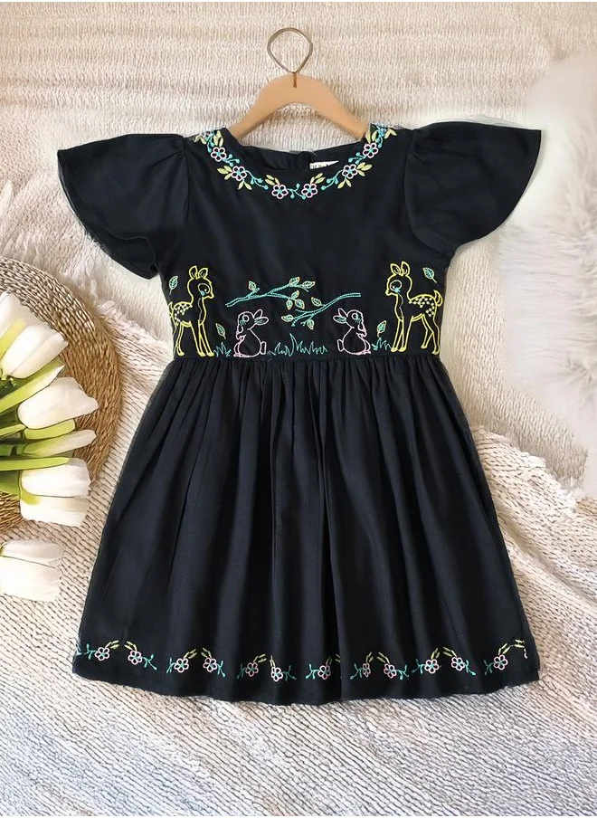 BELLA MODA Bella Moda Embroidered Ruffled Sleeve Knee-Length Dress