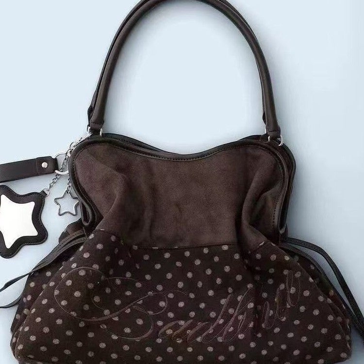 Women's Faux Leather Embroidered Leopard Star Polka Dot Large Capacity Shoulder Tote Bag with Mirror Pendant - Image 2