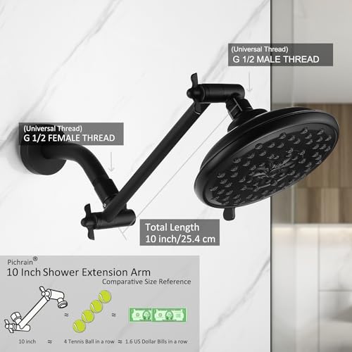 Pichrain Shower Extension Arm for Rain Showerheads, Angle & Height Adjustable, Universal Connector, Easy to Install - Matte Black, 10 Inch - Image 2