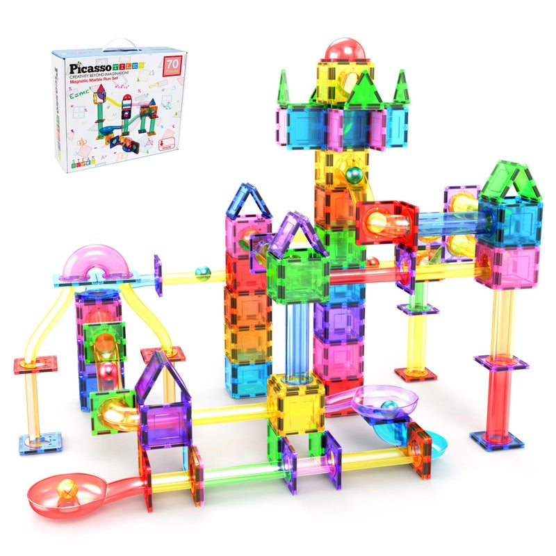 PicassoTiles 70pc Marble Run Magnetic Tiles STEM Set for Kids Ages 3 and Older Magnet Tile Marbles Maze Building Blocks Brain Development Toy Preschool Educational Learning Construction Playset PTG70 - Image 1