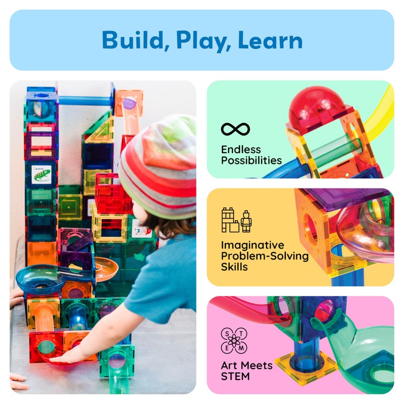 PicassoTiles 70pc Marble Run Magnetic Tiles STEM Set for Kids Ages 3 and Older Magnet Tile Marbles Maze Building Blocks Brain Development Toy Preschool Educational Learning Construction Playset PTG70 - Image 2