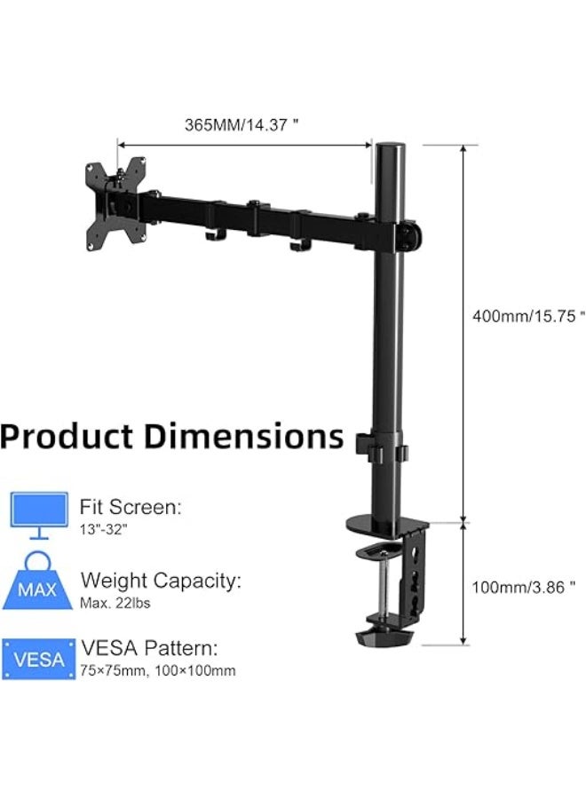 Professional single monitor stand (desk arm) - Supports monitors up to 32 inches (10 kg load capacity) - Full VESA 100x100 compatibility - Easy to install for home and office - Image 1