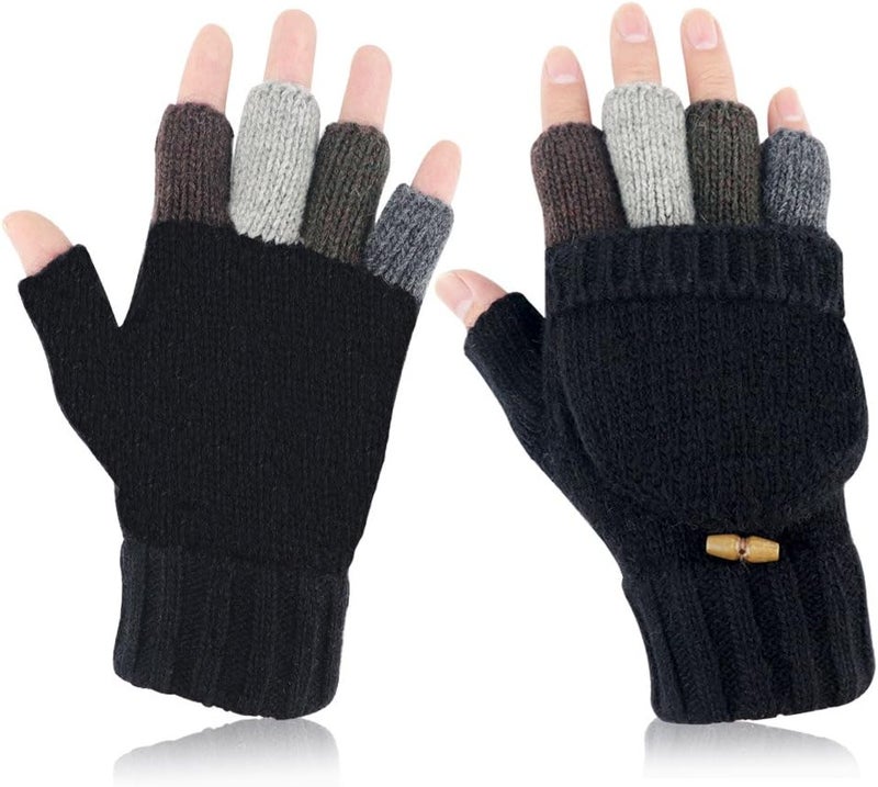 Akayboya Winter Warm Knitted Fingerless Gloves Convertible Wool Gloves with Mittens Cover for Women and Men - Image 1