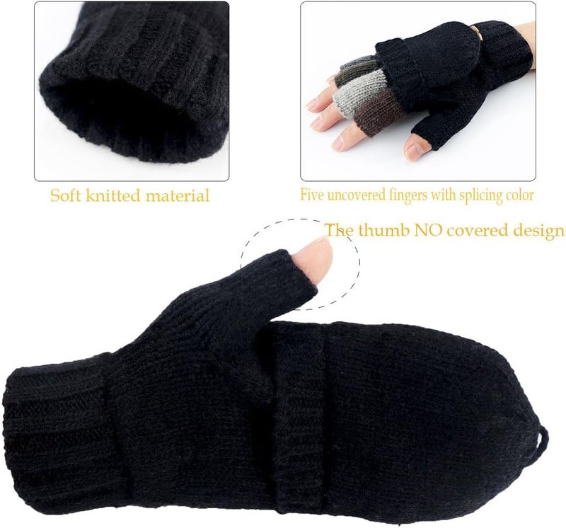 Akayboya Winter Warm Knitted Fingerless Gloves Convertible Wool Gloves with Mittens Cover for Women and Men - Image 2