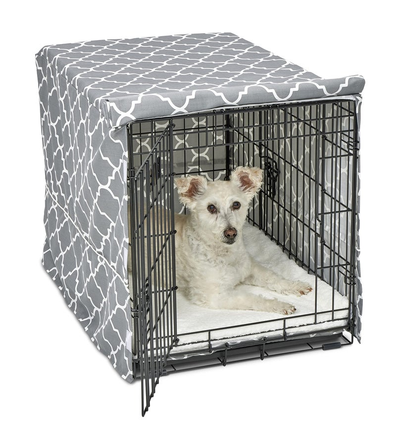 New World Medium Dog Crate Cover Featuring Teflon Fabric Protector PolyCotton Privacy Kennel Cover Fits Most 30inch Crates Gray Designer Print Machine Washable Reduces Barking