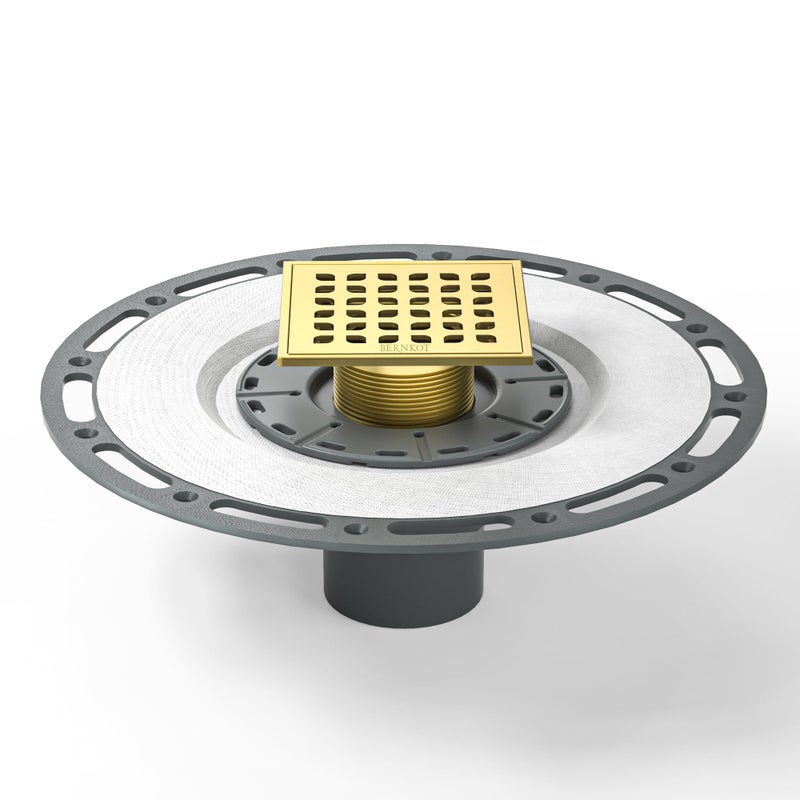 Bernkot Square Shower Drain 4 Polished Gold 304 Stainless Steel Drain Grate Removable Drain Key with PVC Bonding Flange Base for Low Profile Shower Floor Tiles