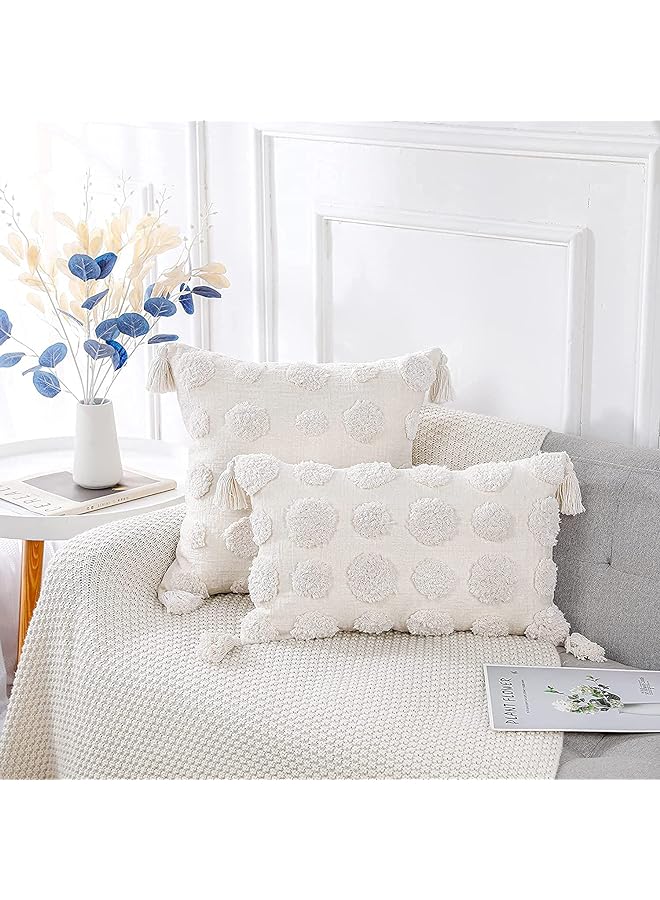 Zaboon غطاء وسادة 1 قطعة من القطن الأبيض المنقوش، مع زخرفة، 12x20 بوصة، غطاء وسادة زخرفي ناعم من الشنيل الكريمي لوسادة الظهر للكنبة، غرفة النوم، غرفة المعيشة، المزرعة - Image 1