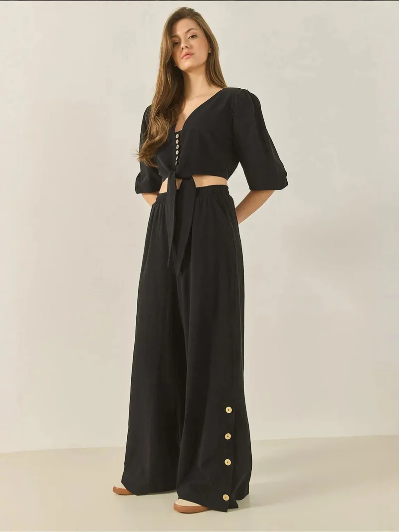 LUCCI Textured V-Neck Long Sleeve Two-Piece Coord Set