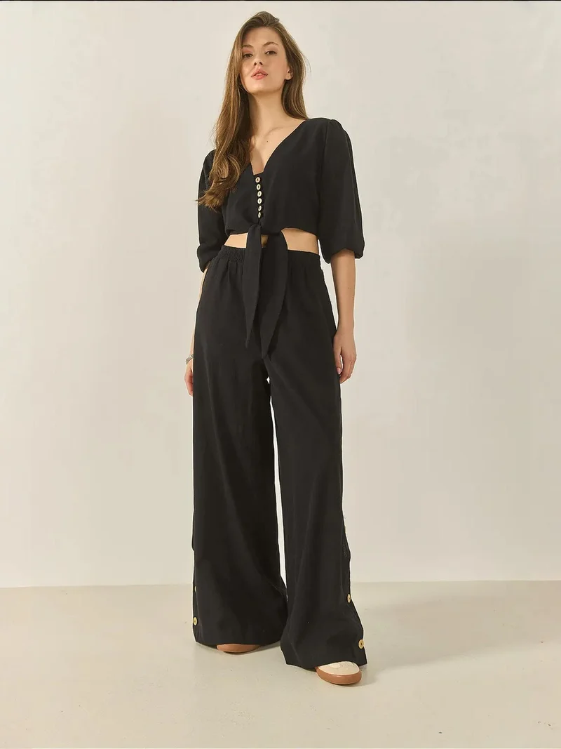 Bianco Lucci LUCCI Textured V-Neck Long Sleeve Two-Piece Coord Set