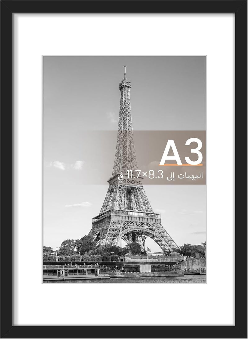 upsimples A3 Picture Frame, Display Pictures 8.3x11.7 with Mat or 11.7 x 16.5 Without, Wall Hanging Poster Frames, Black, 1 Pack - Image 1