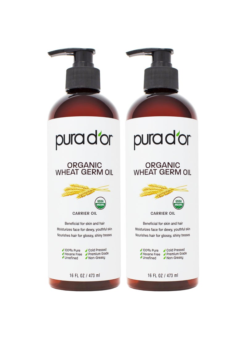 Pura d'or - PURA D'OR ORGANIC Wheat Germ Oil (16 Oz x2 = 32 Oz) 100% Pure & Natural USDA Certified Cold Pressed Carrier Oil - Vitamin E Rich, Moisturizing & Nourishing Anti-Aging Properties - Healthy Hair Growth - Image 1