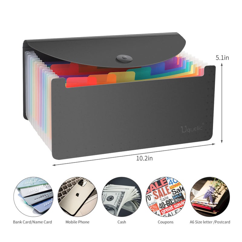 Uquelic Stand Receipt Organizer Folder - 13 Pockets Expanding Coupons Storage/Rainbow Large Capacity Bill Organizer for Desk with Label, in Case I Go Missing Binder Organizer (Black) - Image 2