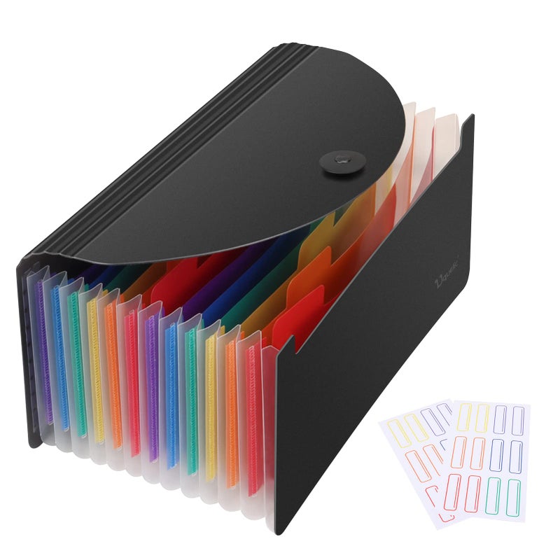Uquelic Stand Receipt Organizer Folder - 13 Pockets Expanding Coupons Storage/Rainbow Large Capacity Bill Organizer for Desk with Label, in Case I Go Missing Binder Organizer (Black) - Image 1