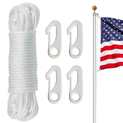NQ Flag Pole Rope Kit - 50 Feet x 1/4" Diameter Flag Pole Halyard Nylon Rope with 4 Pieces Flag Pole Hook Clips - Outdoor Flagpole Accessories, Rope for Clothesline, Swing, Camping (50FT, White) - Image 1