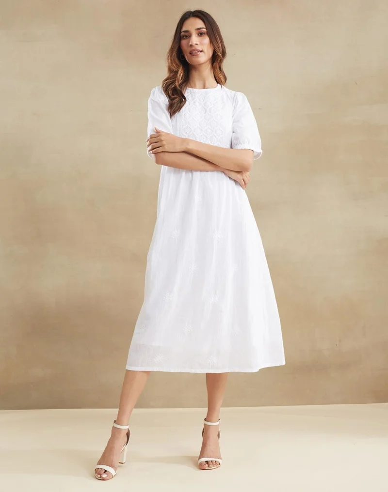 فاب انديا White Cotton Chikankari Lining & Midi Dress