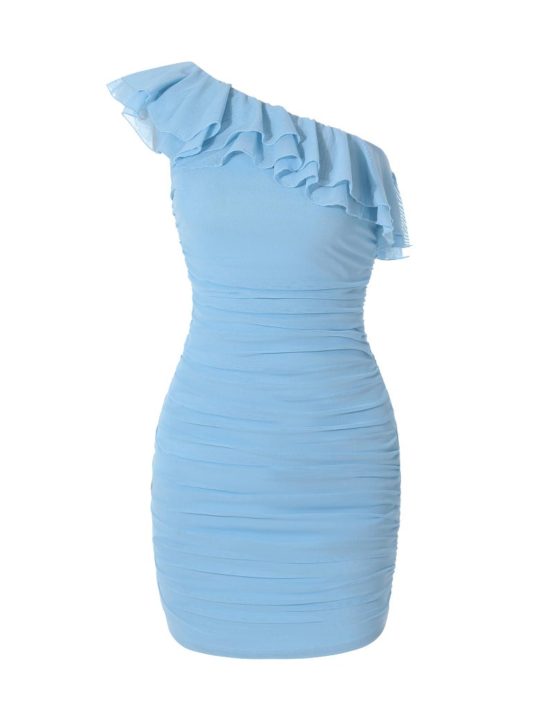 EXARUS Girls Bodycon Dress Party Tight Ruched Mesh Sleeveless Teen One Shoulder Asymmetrical Short Pencil Dresses School Dance Proms Formal Ruffle Trim Textured Knit Blue 10Y - Image 1