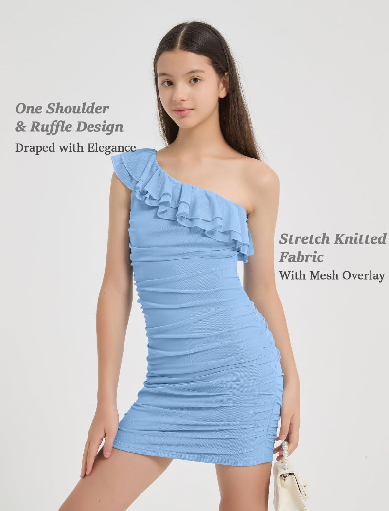 EXARUS Girls Bodycon Dress Party Tight Ruched Mesh Sleeveless Teen One Shoulder Asymmetrical Short Pencil Dresses School Dance Proms Formal Ruffle Trim Textured Knit Blue 10Y - Image 3